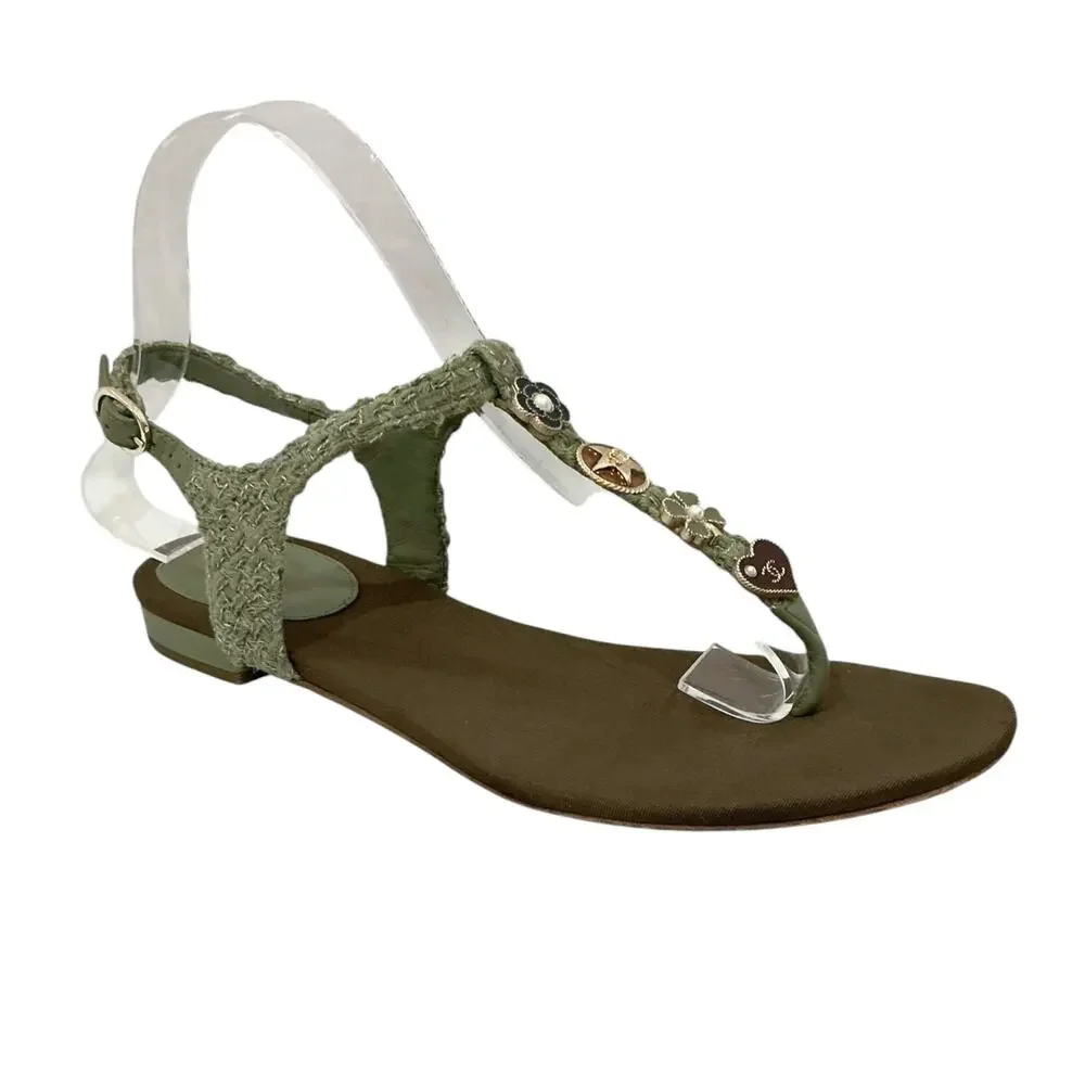 Chanel 17C Tweed Cruise Charm Thong Sandals Khaki EU 37.5 US 7.5